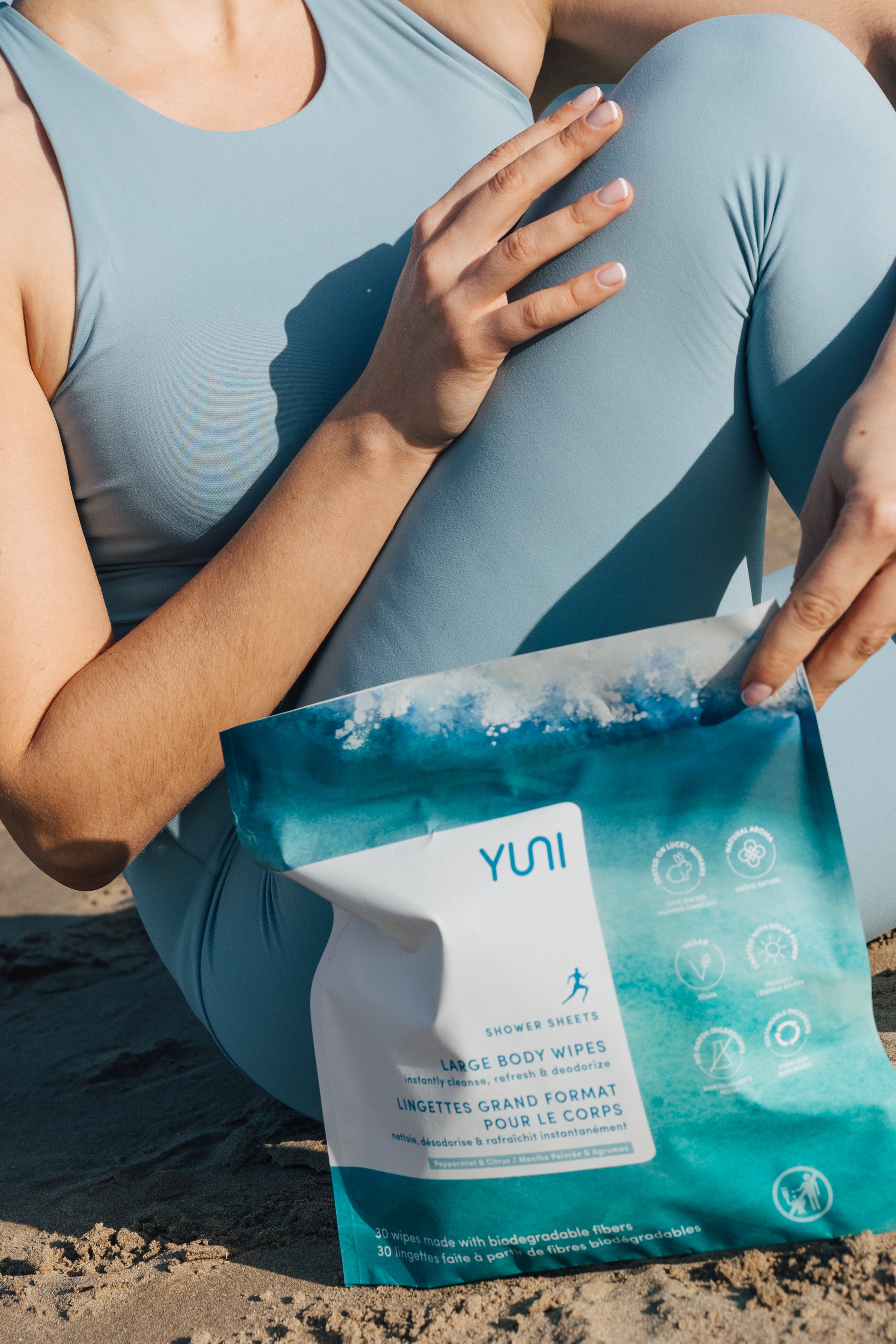 Shower Sheets LARGE BODY WIPES 12x10 natural biodegradable body wipes – Bag of 30 Peppermint Citrus on beach